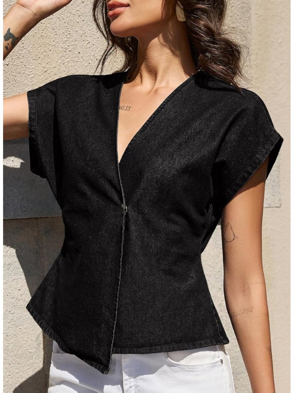 〽️Women's Black Short Sleeve V Neck Blouses Imported Jacket Button Shirts